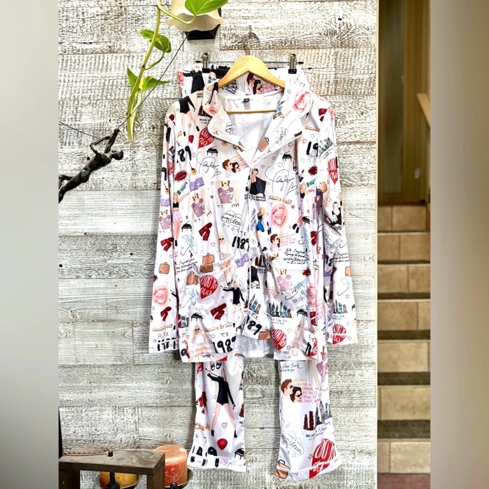 🏷 NWOT Unofficial Taylor Swift Pajama Set - Silky Button-up Top and Pants - XXL